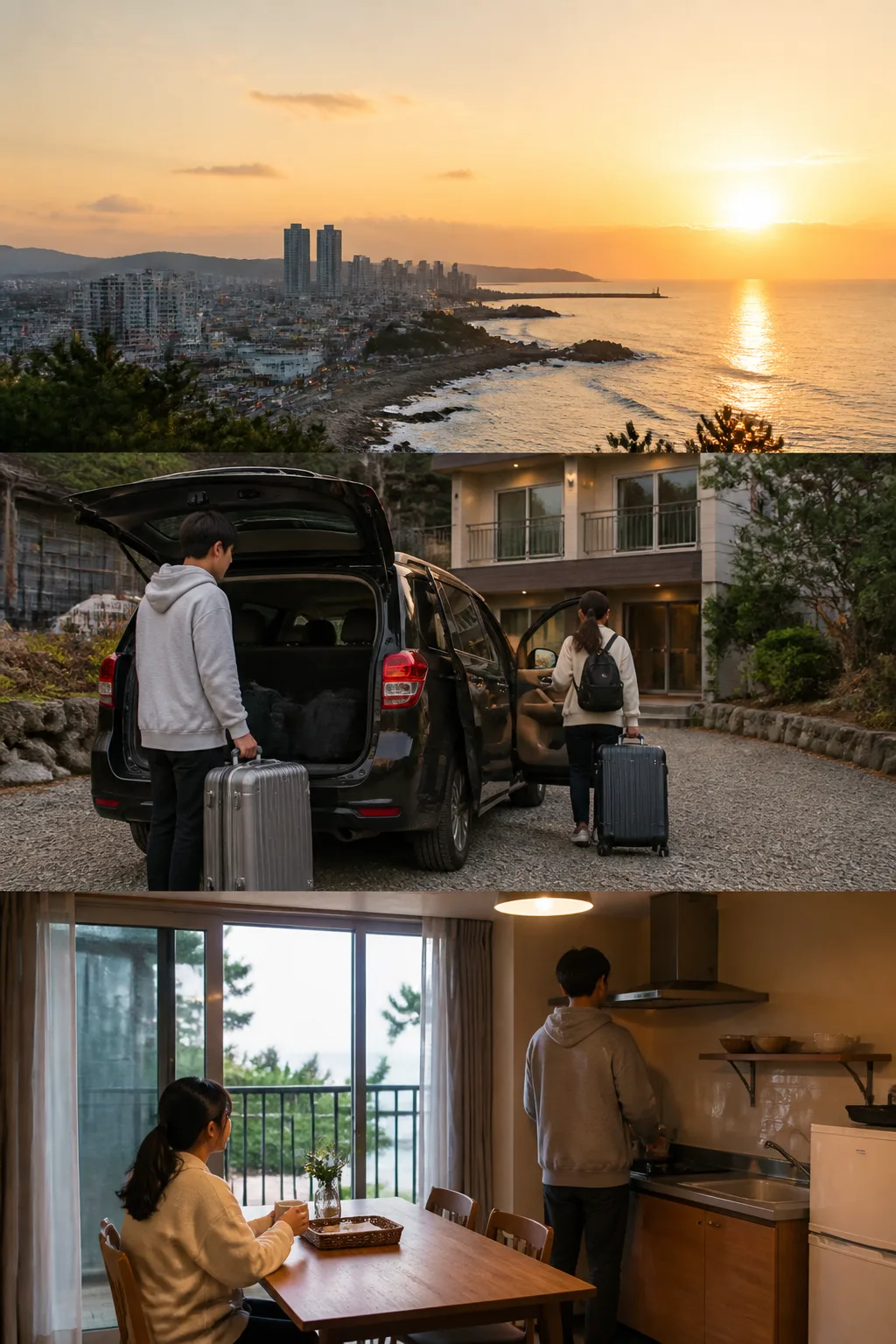 울산 도심과 해안 여행을 위해 객실 구조와 취사 공간을 살펴보는 울산펜션 여행 장면