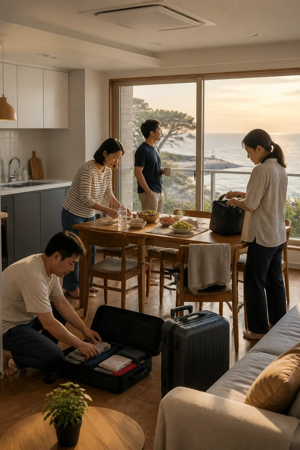 울산펜션 거실에서 가족과 친구 일행이 도심·해안 여행을 준비하며 짐과 식사를 정리하는 모습