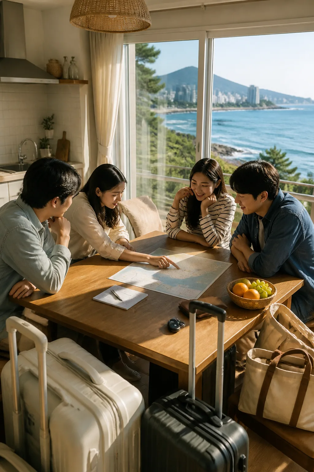 울산펜션에서 도심·해안 여행 비용과 장보기 계획을 함께 정리하는 모습
