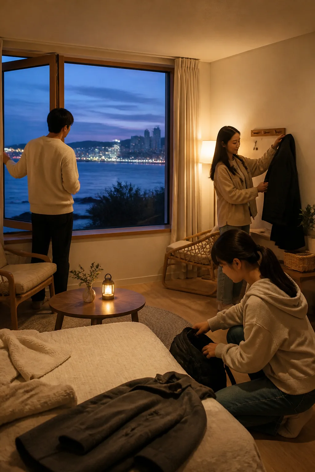 울산펜션에서 도심·해안 여행 후 환기와 짐 정리를 하는 객실 장면