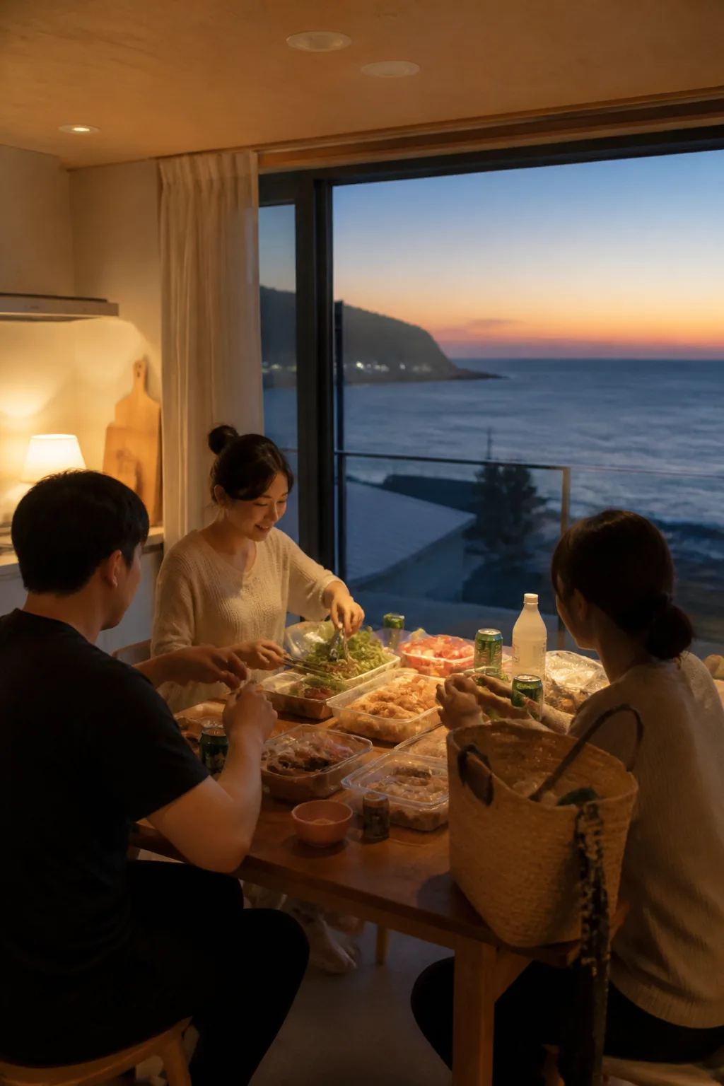 울산펜션에서 장보기 식재료와 배달음식을 준비하는 여행 식사 공간