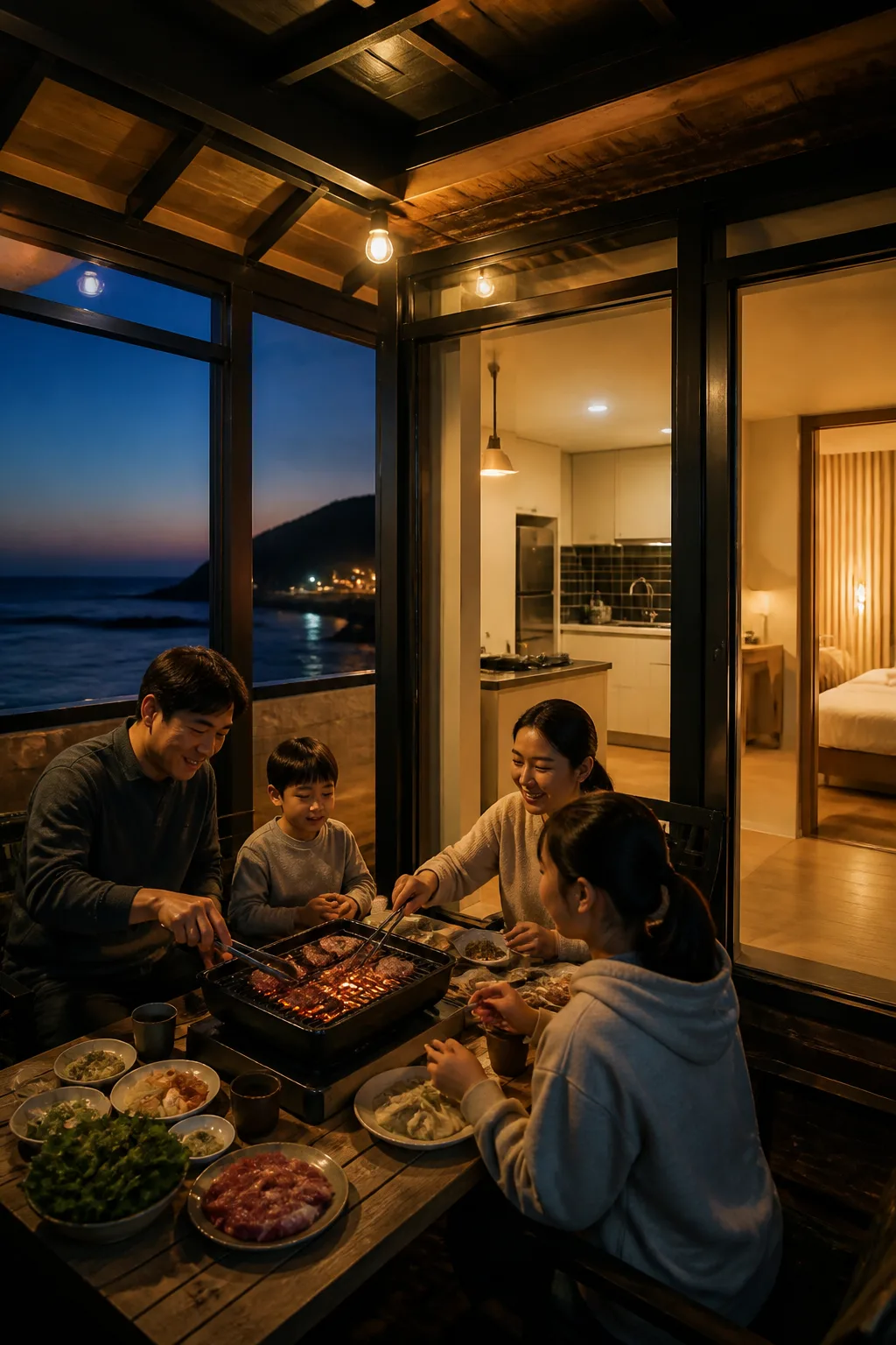 울산 해안 펜션에서 바비큐와 취사를 준비하며 객실 환기와 공간 분리를 살펴보는 여행 장면