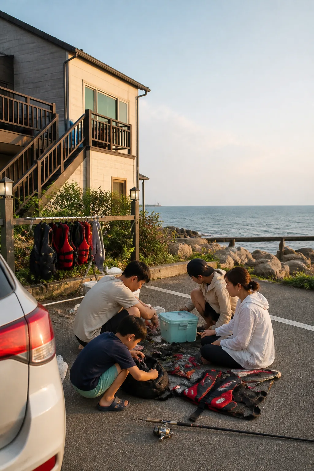 울산펜션 앞에서 해안 활동 장비와 젖은 옷을 정리하는 여행객들